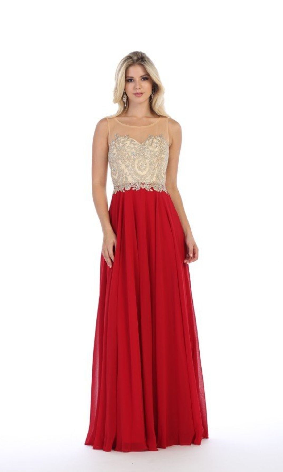 A woman models the Embroidered-Bodice Long Prom Dress: Chicas C3320, showcasing gold embroidery on the bodice and a flowing red A-line skirt against a plain white background.